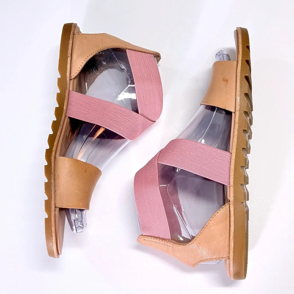 Sorel Ella II Leather Ankle Strap Sandal Sz 7 Flat Pink Beige Boho Beach Resort